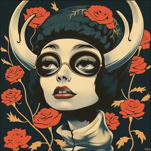 surreal  album  cover  symbolist  hyper-realistic  screenprinting  Risograph  woman  glasses  horns 1074917
