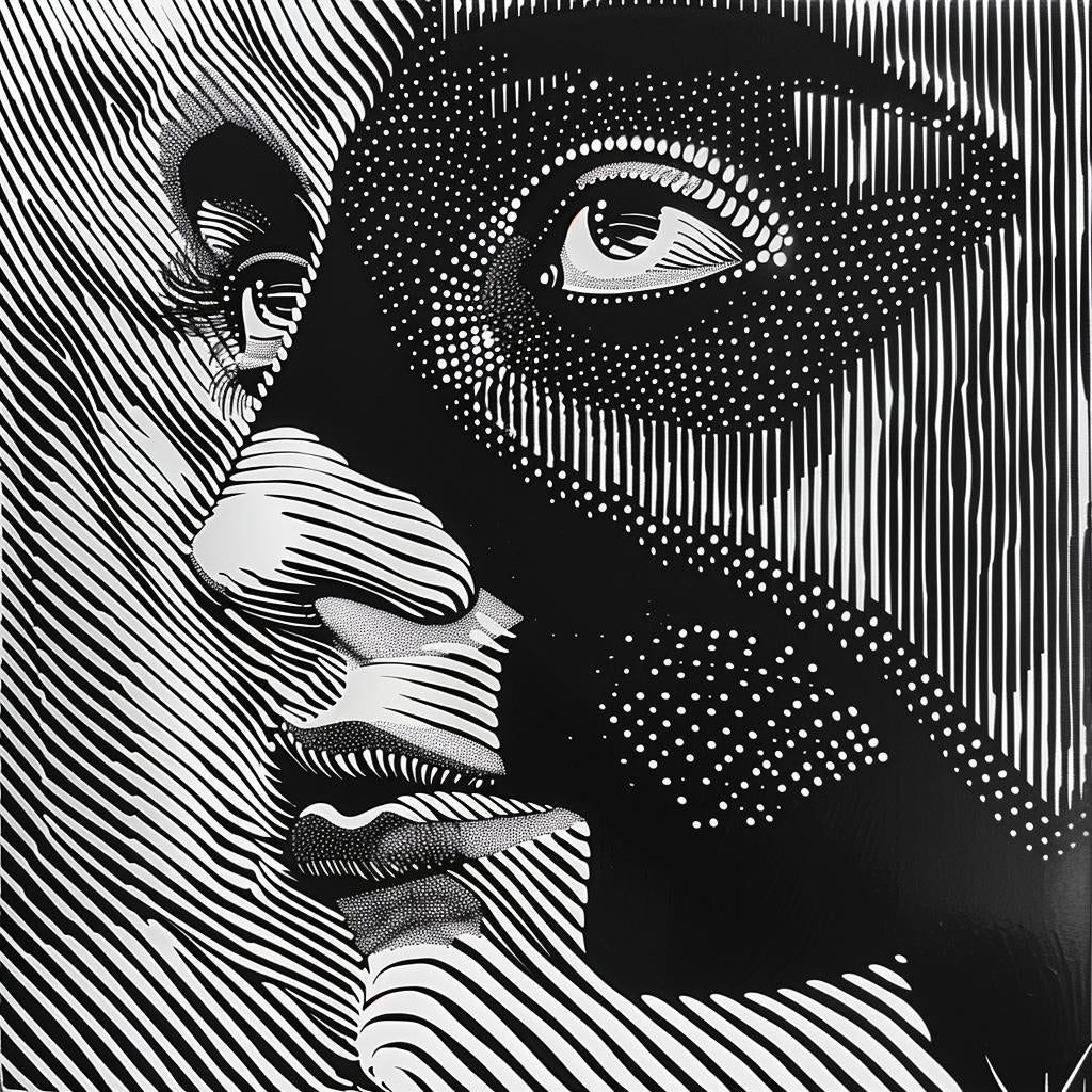 رسم توضيحي لوجه امرأة محفور بالنقش على الخشب باللونين الأبيض والأسود، تفاصيل جرافيكية رقم 963753