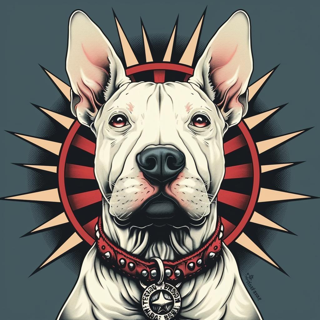 bull  terrier  dog  red  collar  sunburst  background  vibrant  stylized  playful 940864