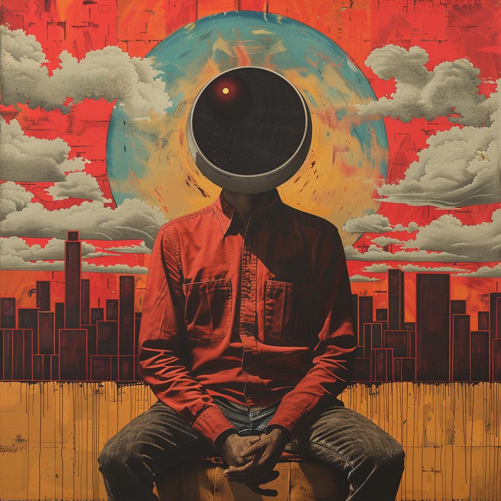 surreal  album  cover  hyper-realistic  screenprinting  Seth  Globepainter  man  bench  sphere 960357