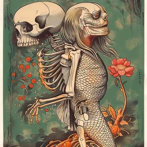 skeleton  mermaid  flowers  chromolithography  fantasy  whimsical  surreal  contrast  artsy  illustration 1048117