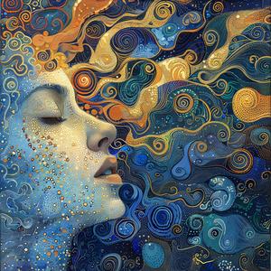woman  swirls  stars  ArtNouveau  Surrealism  pointillism  gold  indigo  teal  mystical 1077197