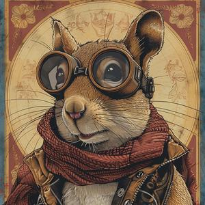 surreal  album  cover  squirrel  goggles  scarf  detailed  screenprint  anthropomorphic  Koloman 1079621