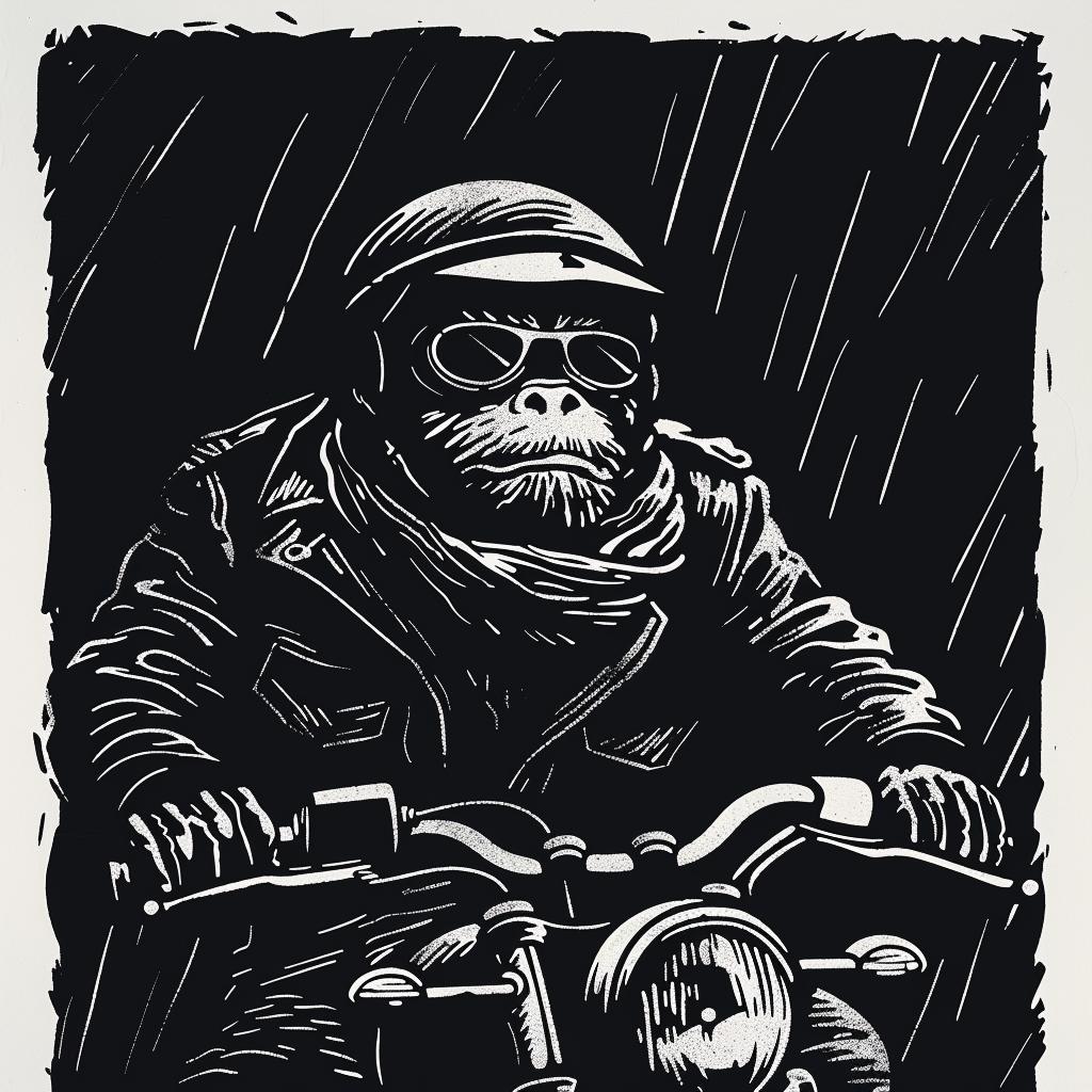 anthropomorphic  chimp  motorcycle  scarf  goggles  riding  rain  animated  funny  whimsical 1025929