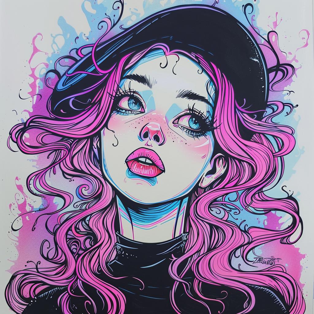girl  pink  hair  black  hat  painting  BeckyCloonan  stylized  modern  expressive 929783