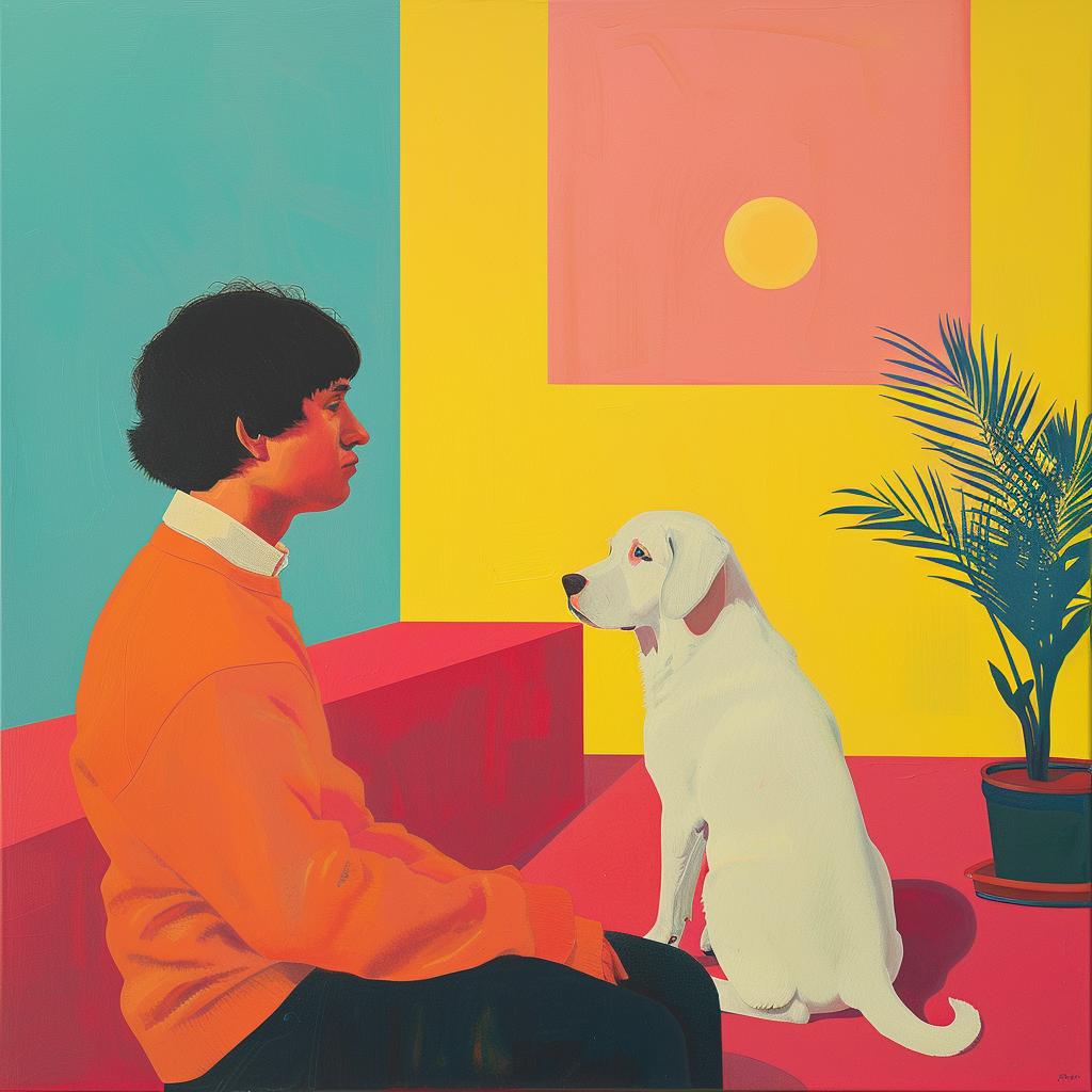 surreal  painting  man  dog  afternoon  friendship  whimsical  joyful  colorful  art 1017620