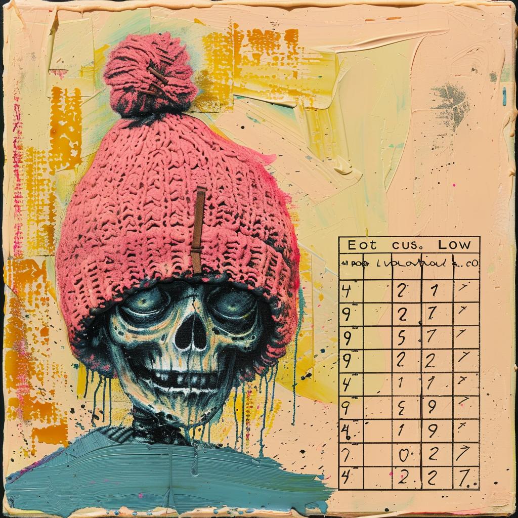 encaustic  impasto  skeleton  pink  hat  palette-knife  portrait  whimsical  dark  humor 1015733