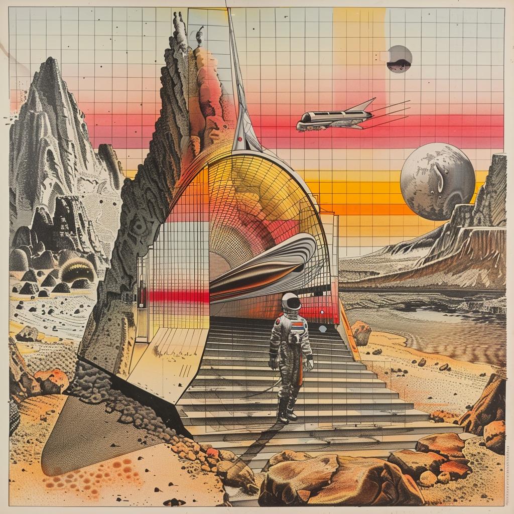 sci-fi  Russian  1967  man  staircase  mountain  painting  vintage  exploration  journey 1036210
