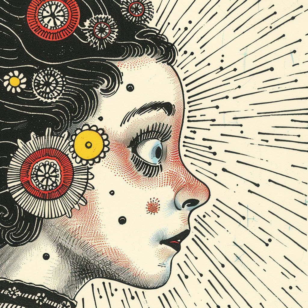 BAUHAUS  Ukiyo-e  surreal  flowerpunk  woman  flower  Risograph  Symbolist  hyper-realistic  drawing 916289