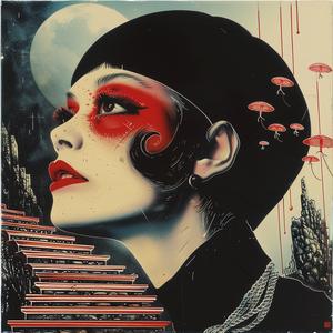 surreal  woman  red  makeup  moon  album  cover  symbolist  risograph  hyper-realistic 1077663