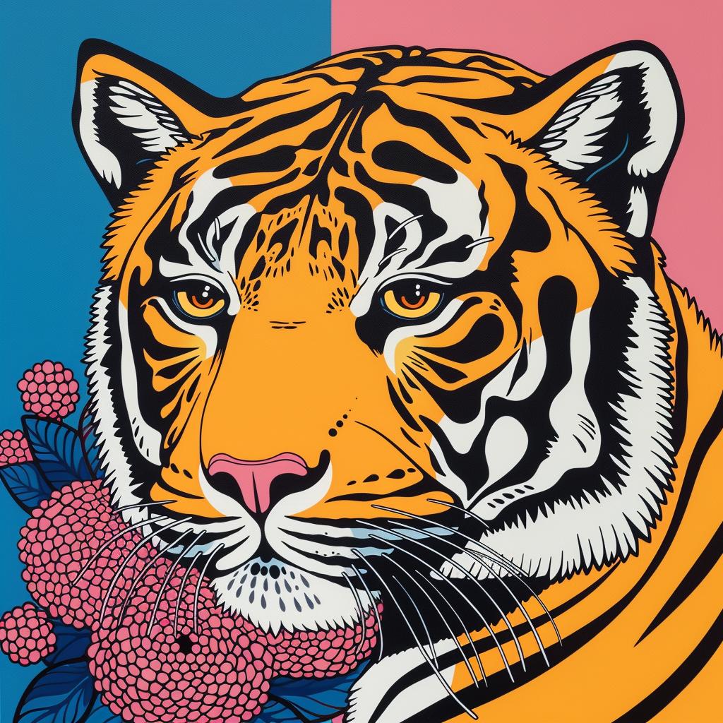 tiger  flowers  pink  blue  background  painting  wildlife  vibrant  art  nature 973676