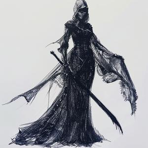 رسم أزياء، امرأة، فستان طويل، سيف، حاصد أرواح، منصة عرض أزياء، قلم تلوين، 1071898