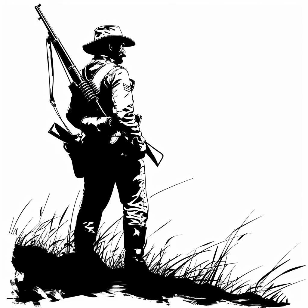 صورة ظلية لجندي، حرب أهلية، بندقية عتيقة، أيقونة، نقش على الخشب، مخطط تفصيلي باللونين الأبيض والأسود، 952089