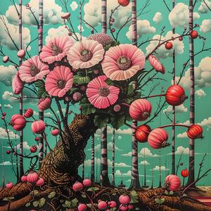 tree  pink flowers  chromolithography  nature  landscape  soft  colorful  art  serene  vibrant 1037798