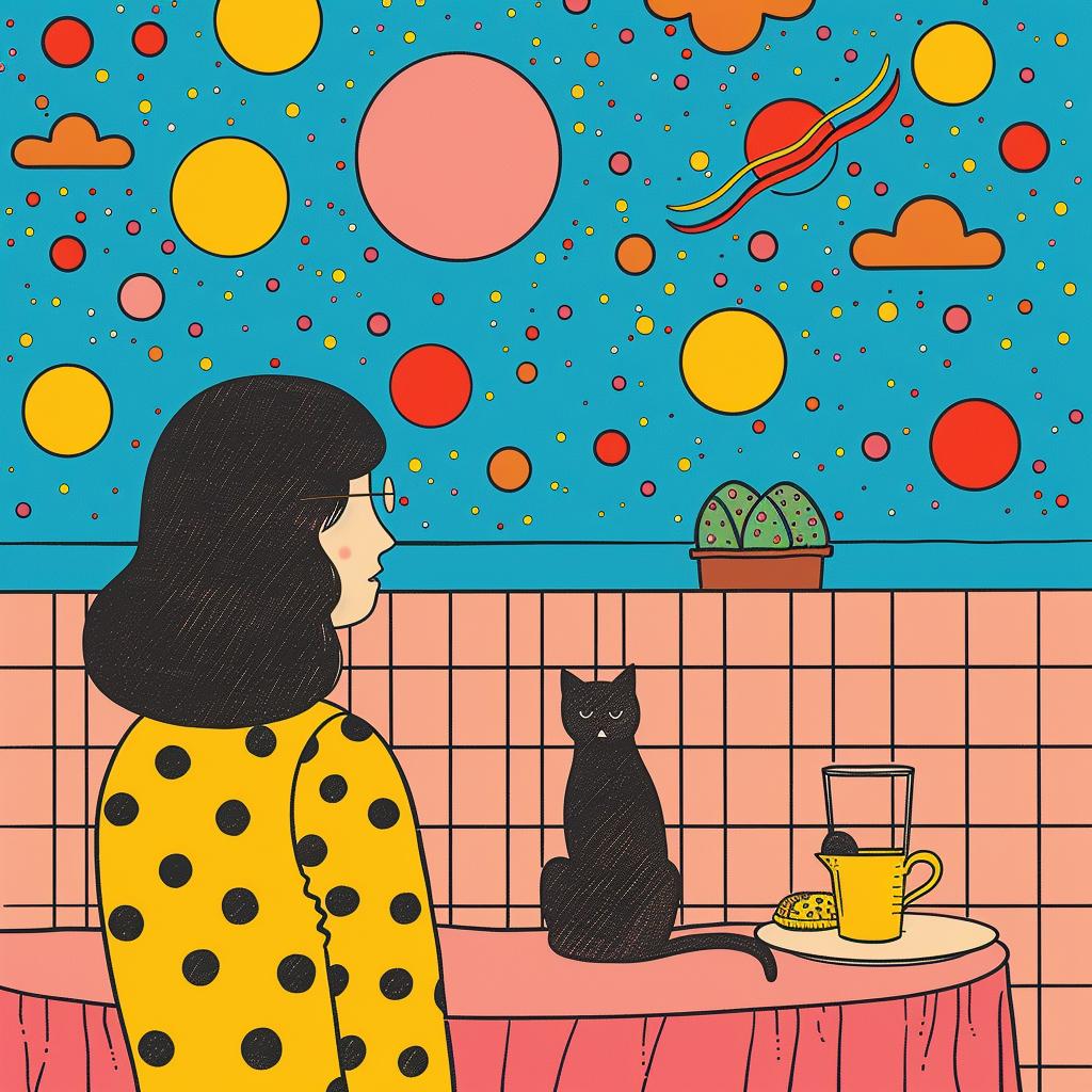 surreal  woman  cat  table  polkadots  creative  artwork  whimsical  sitting  illustration 1018142