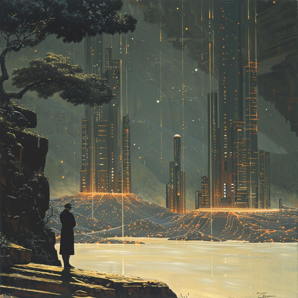 chromolithography  man  cliff  city  view  landscape  art  painting  surreal  dreamlike 1031116