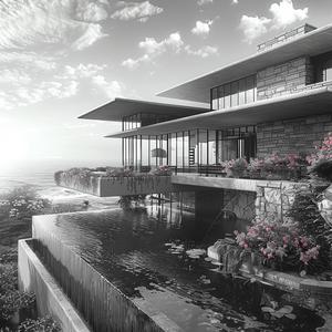 هندسة معمارية فرانك لويد رايت محيط أسود أبيض تقديم زهور تصميم 1036492