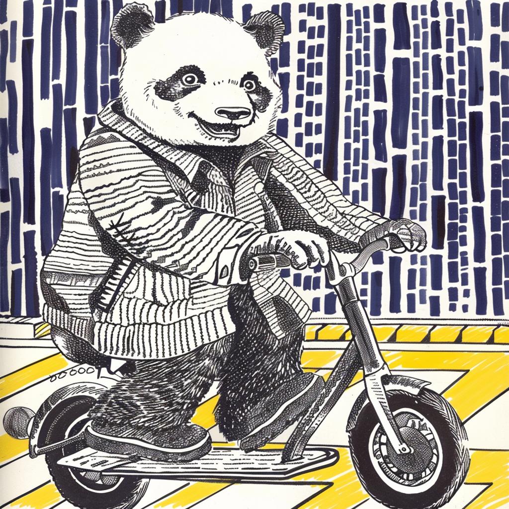 panda  scooter  happy  minimal  blue  yellow  simple  cartoon  cute  illustration 955429