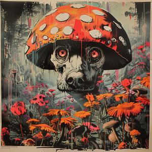 dog  mushroom  chromolithography  painting  whimsical  cute  animal  fantasy  colorful  illustration 1057257