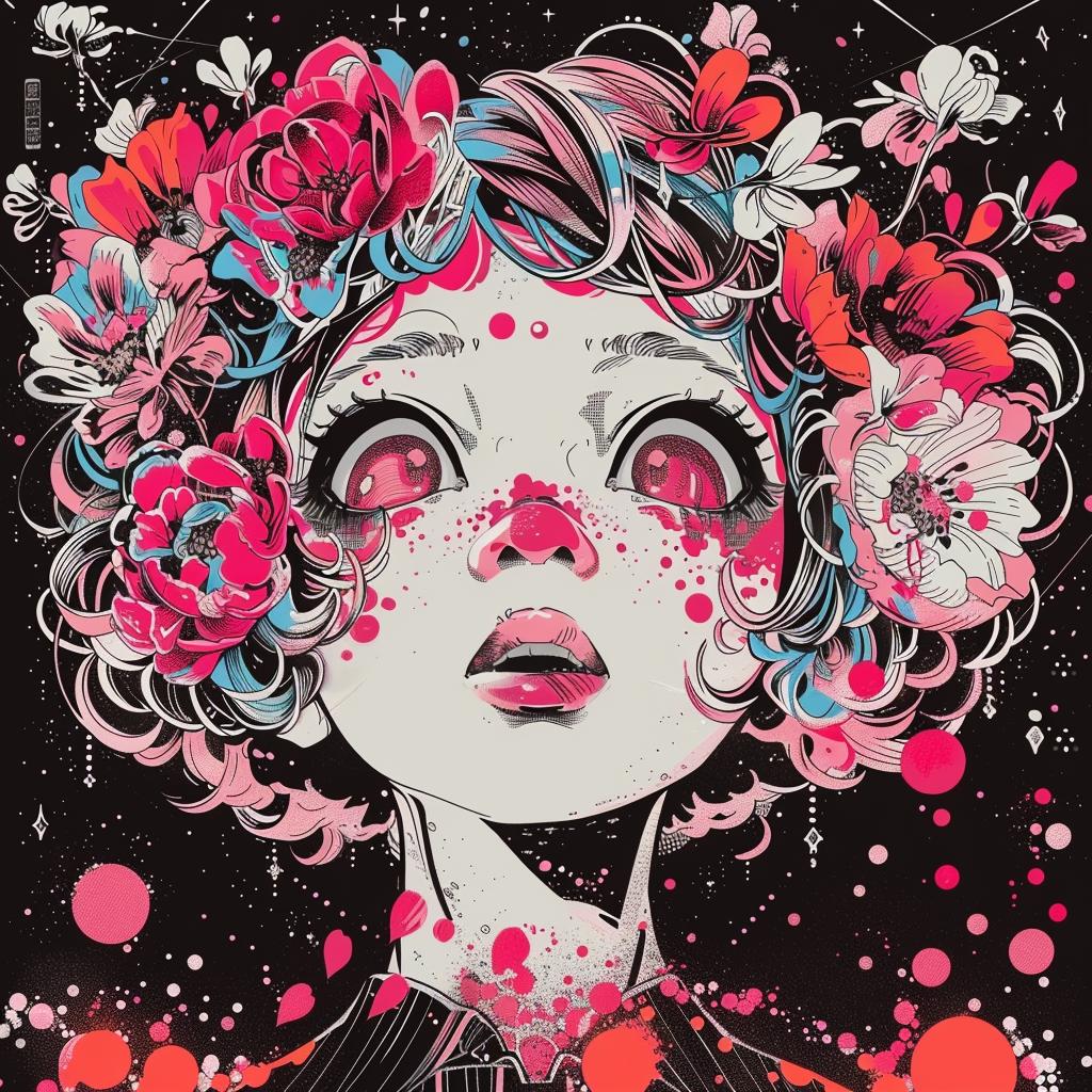 anime  girl  pink  flowers  black  background  illustration  style  character  art 1036230