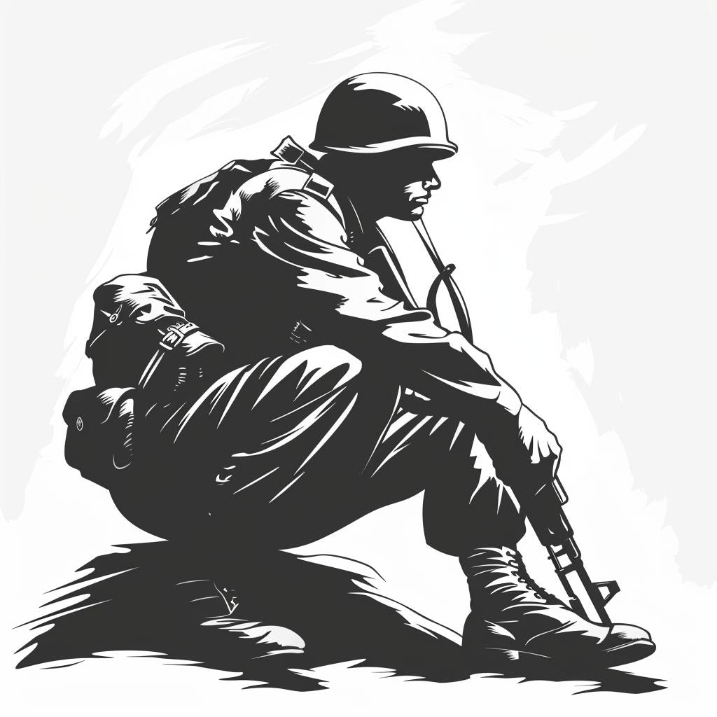silhouette  soldier  WWII  vintage  icon  bold  outline  blackandwhite  illustration  rifle 951982