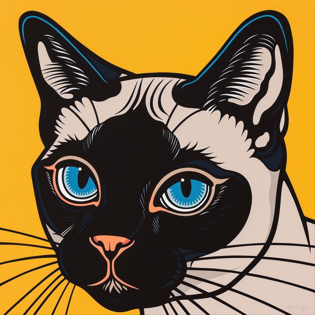 cat  siamese  blueeyes  yellowbackground  pets  adorable  feline  portrait  artwork  vibrant 972251