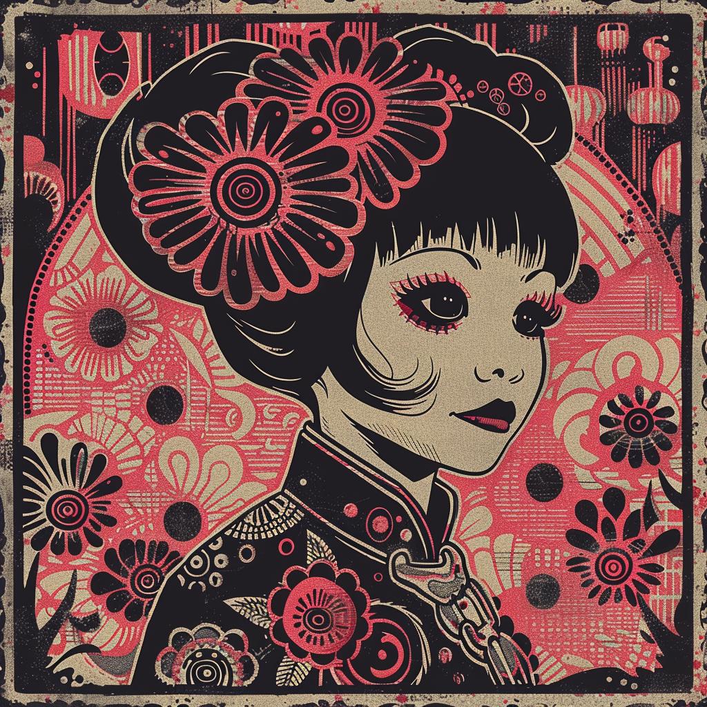album  cover  Ukiyo-e  surreal  cyborg  woman  flowerpunk  chaos  symbolist  artdeco 916340