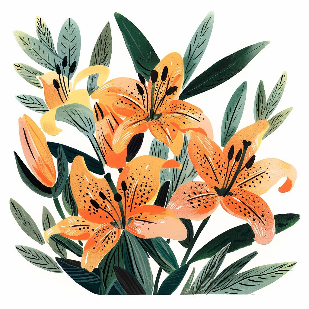 flowers  lilies  risograph  chinese  illustration  orange  nature  botanical  art  leaves 970599