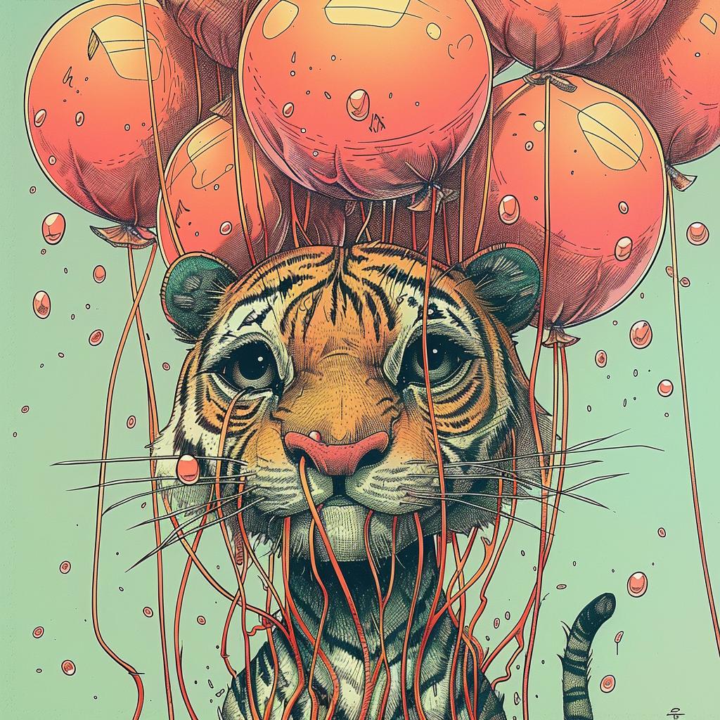tiger  balloons  kawaii  cute  adorable  floating  strings  whimsical  playful  expression 923594