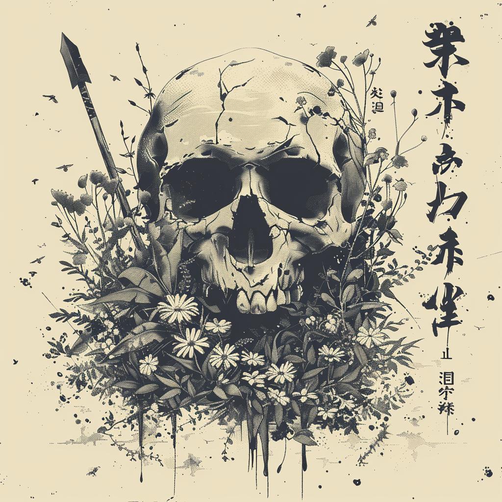 skull  flowers  beige  background  arrows  Japanese  art  intertwined  plants  design 1036285