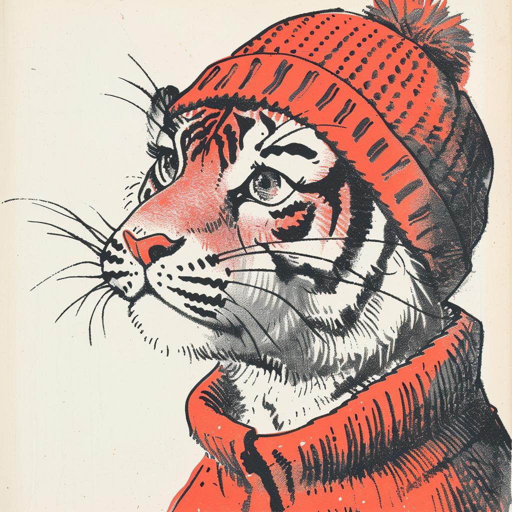 tiger  knit  cap  scarf  illustration  Norman  Rockwell  cute  animal  portrait 921828