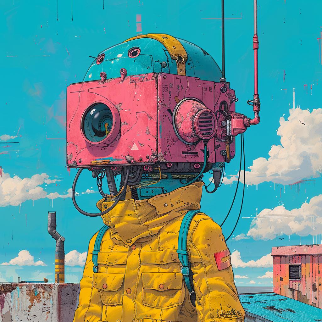 surreal  album  cover  hyper-realistic  screenprinting  man  helmet  suit  pink  blue 960255