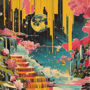 album  cover  moon  rain  colorful  surreal  chaos  symbolist  Risograph  screenprinting 1078028