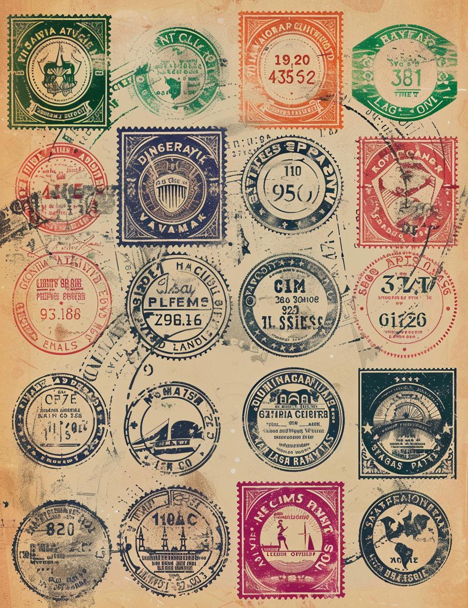 vintage  travel  stamps  distressed  vector  collection  shapes  sheet  postage  design 918185
