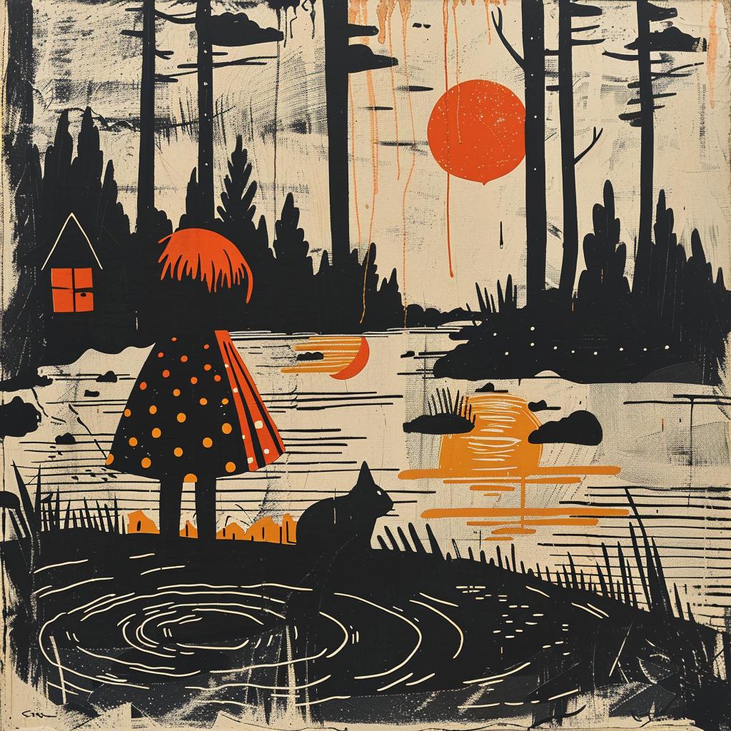 painting  girl  cat  lake  style  Isabelle  Arsenault  illustration  nature  whimsical 926755