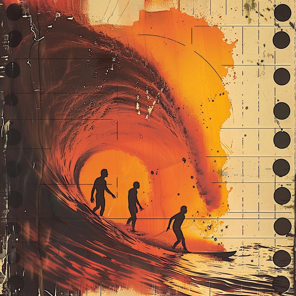 photographic  collage  silhouettes  surfers  canvas  vibrant  wave  barrel  James  Kim 1034294
