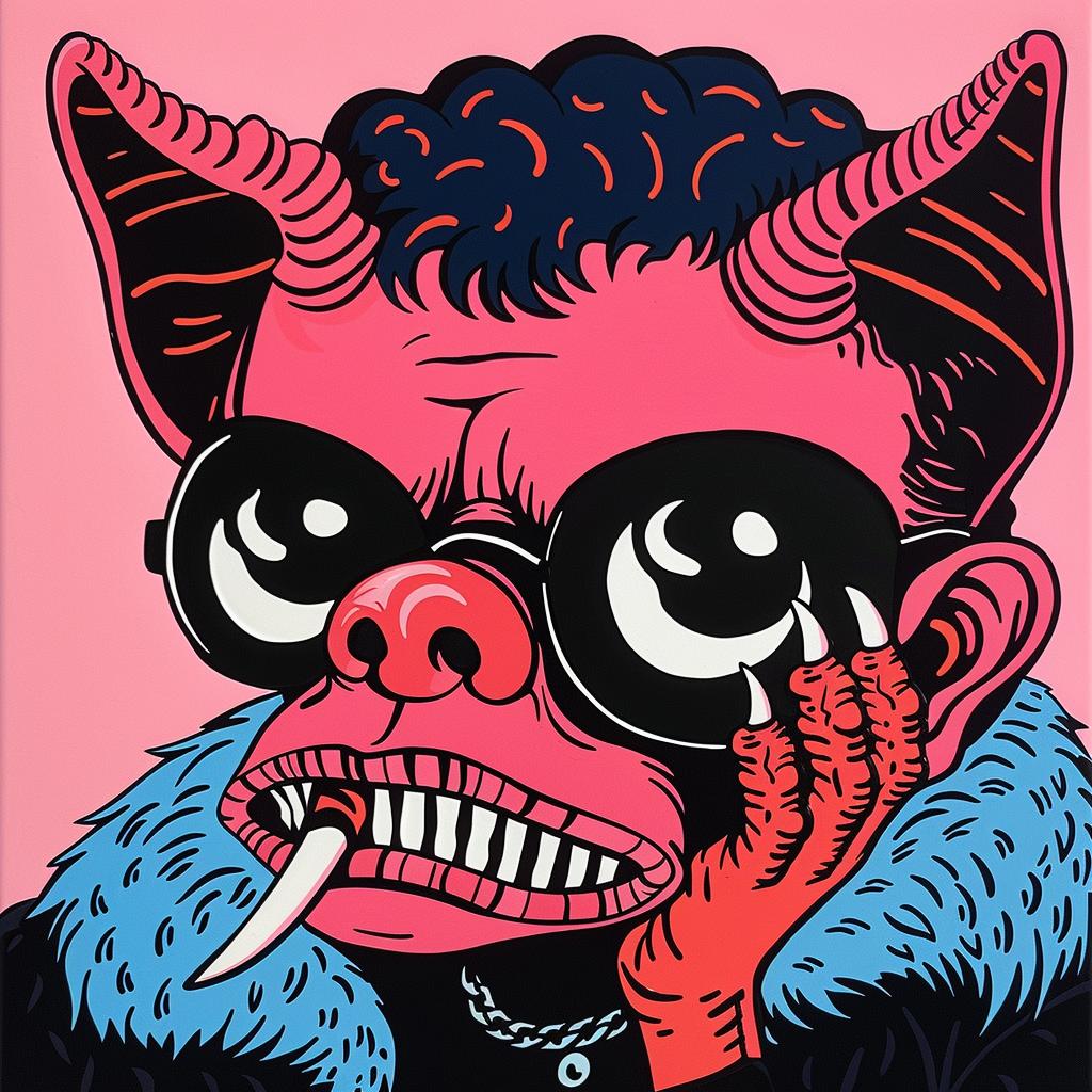devil  character  sunglasses  pink  coat  whimsical  painting  Dan  Hipp  stylized 1024467