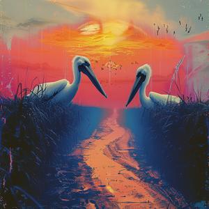 pelicans  path  sunset  painting  chromolithography  birds  peaceful  tranquil  vibrant  colors 1040813