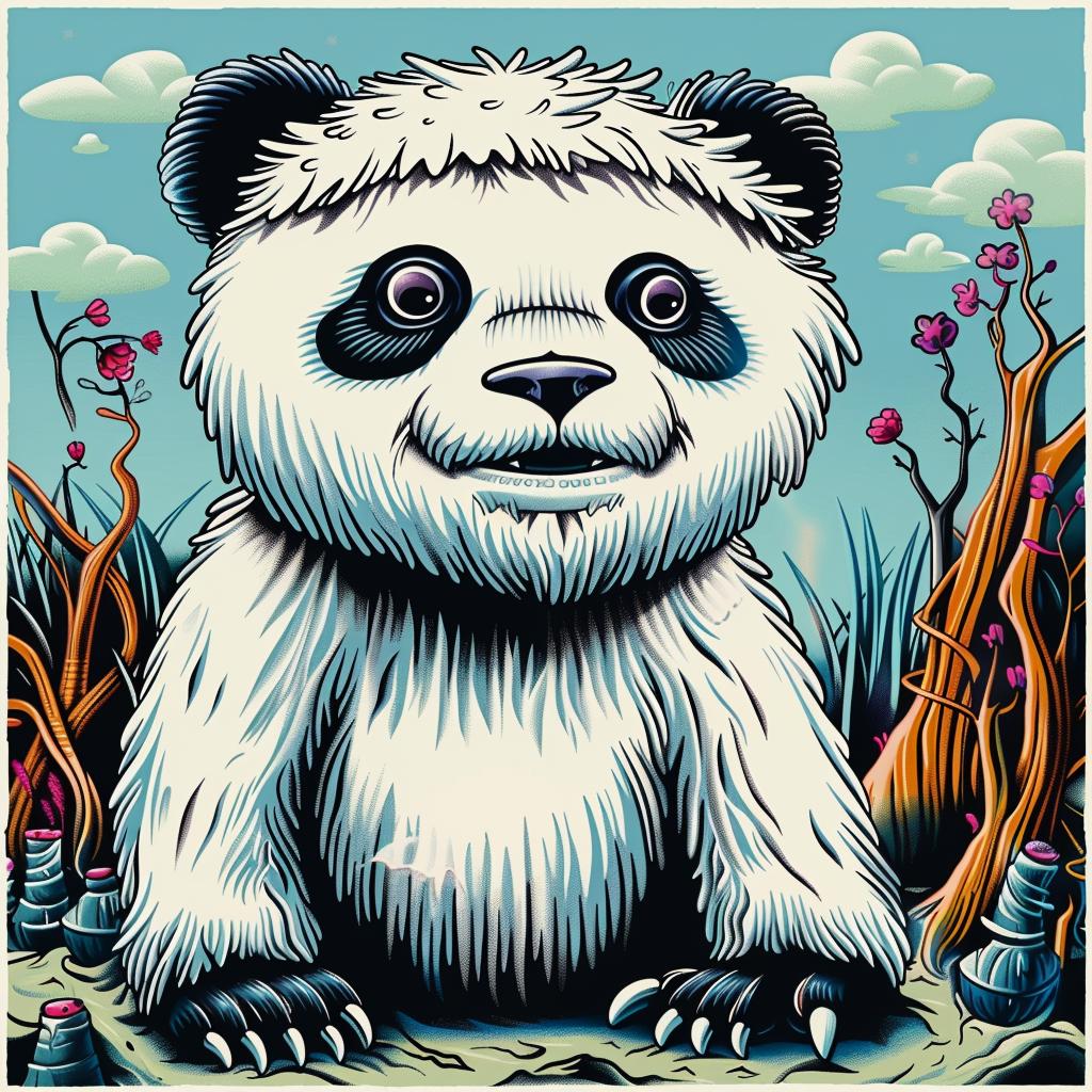 panda  yeti  creature  flowers  field  black  white  stylized  whimsical  cartoon 1033054