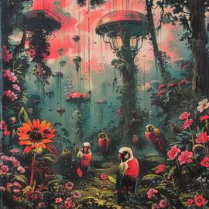 jungle  parrots  flowers  painting  chromolithography  nature  colorful  wildlife  vibrant  art 1059780