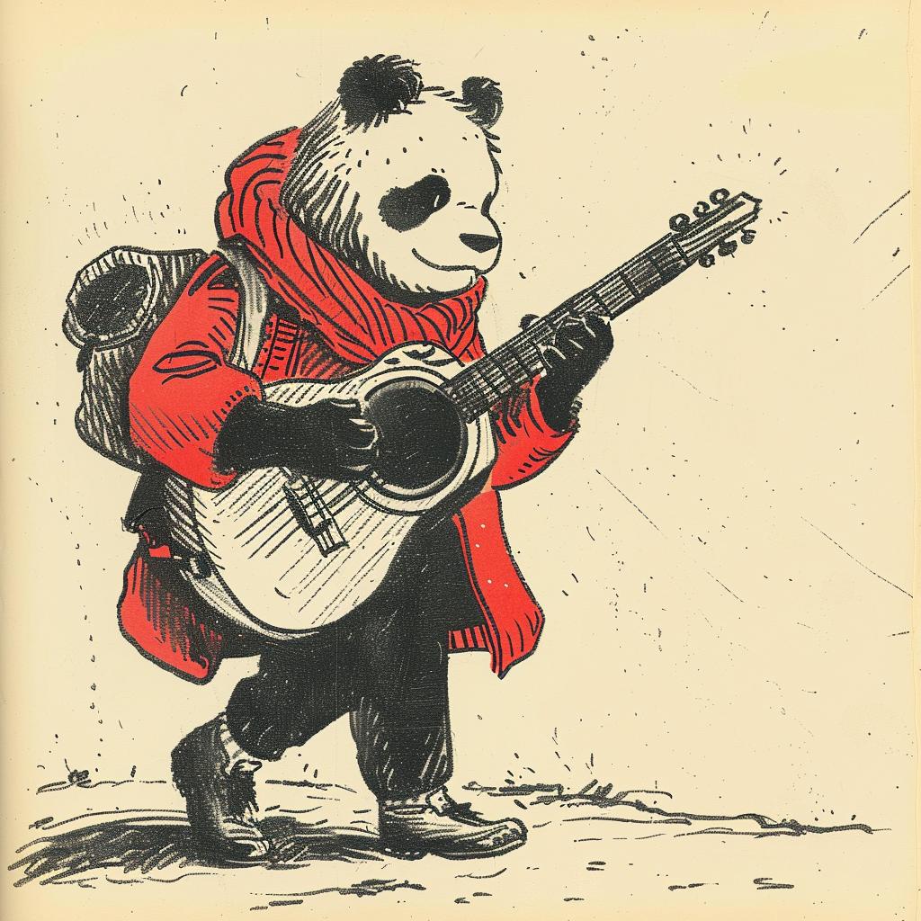panda  guitar  anthropomorphic  Moebius  art  colorful  fun  musical  vibrant  jacket 922637