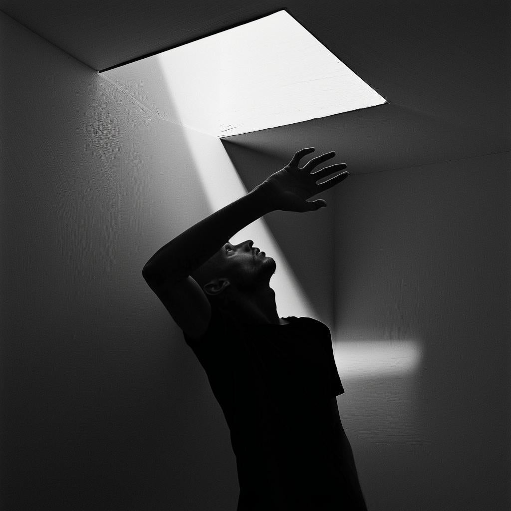 man  reaching  ceiling  room  unusual  lighting  glow  volumetric  lifestyle  photo 1026738