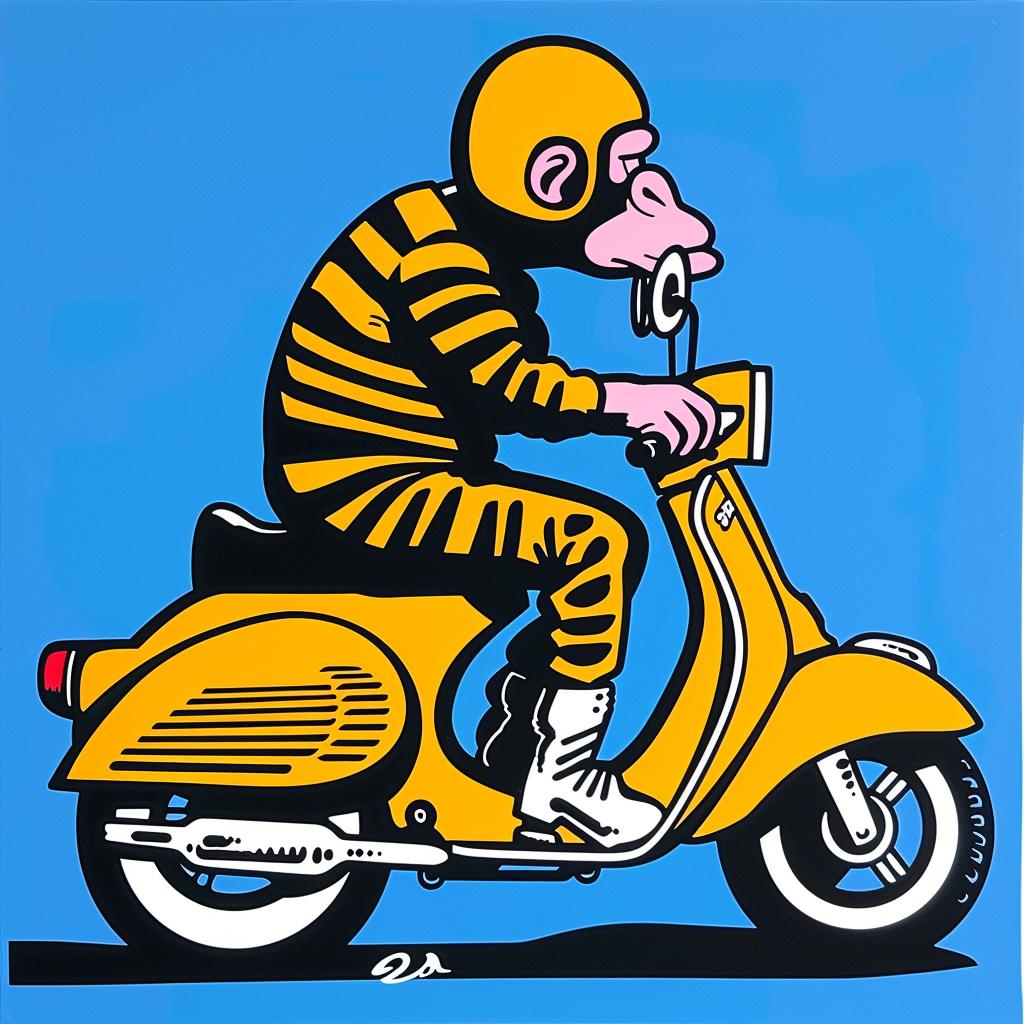 chimp  moped  monkey  scooter  cartoon  playful  fun  colorful  whimsical  cute 1022151