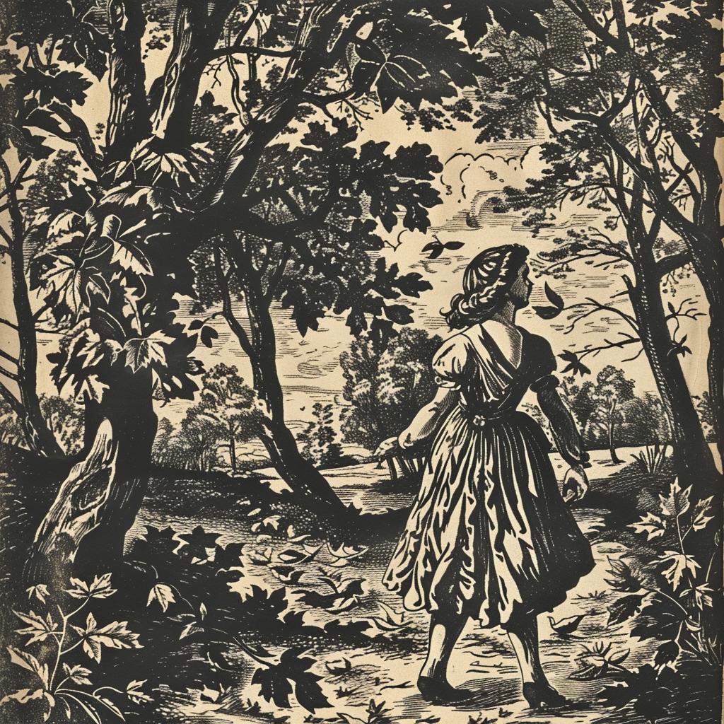 woman  woods  vintage  leaves  innocence  illustration  black  white  dress  walking 1025694