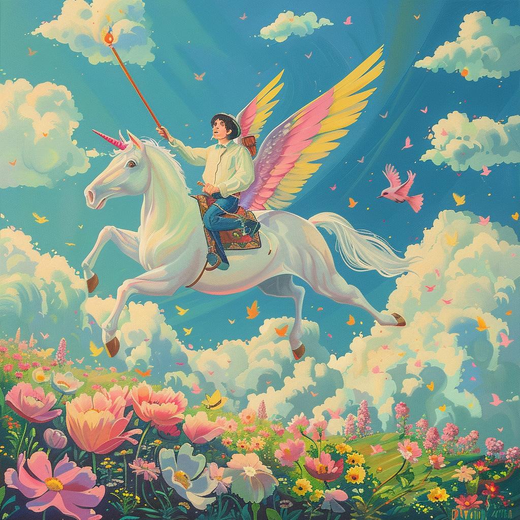creative  surreal  unicorn  abduction  painting  sky  man  whimsical  colorful  fantasy 1017552