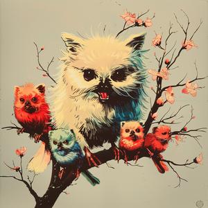 painting  cat  birds  tree  nature  chromolithography  colorful  animal  flora  art 1040986