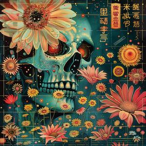 skull  flowers  chinese  characters  painting  artwork  colorful  illustration  design  symbol 1052351