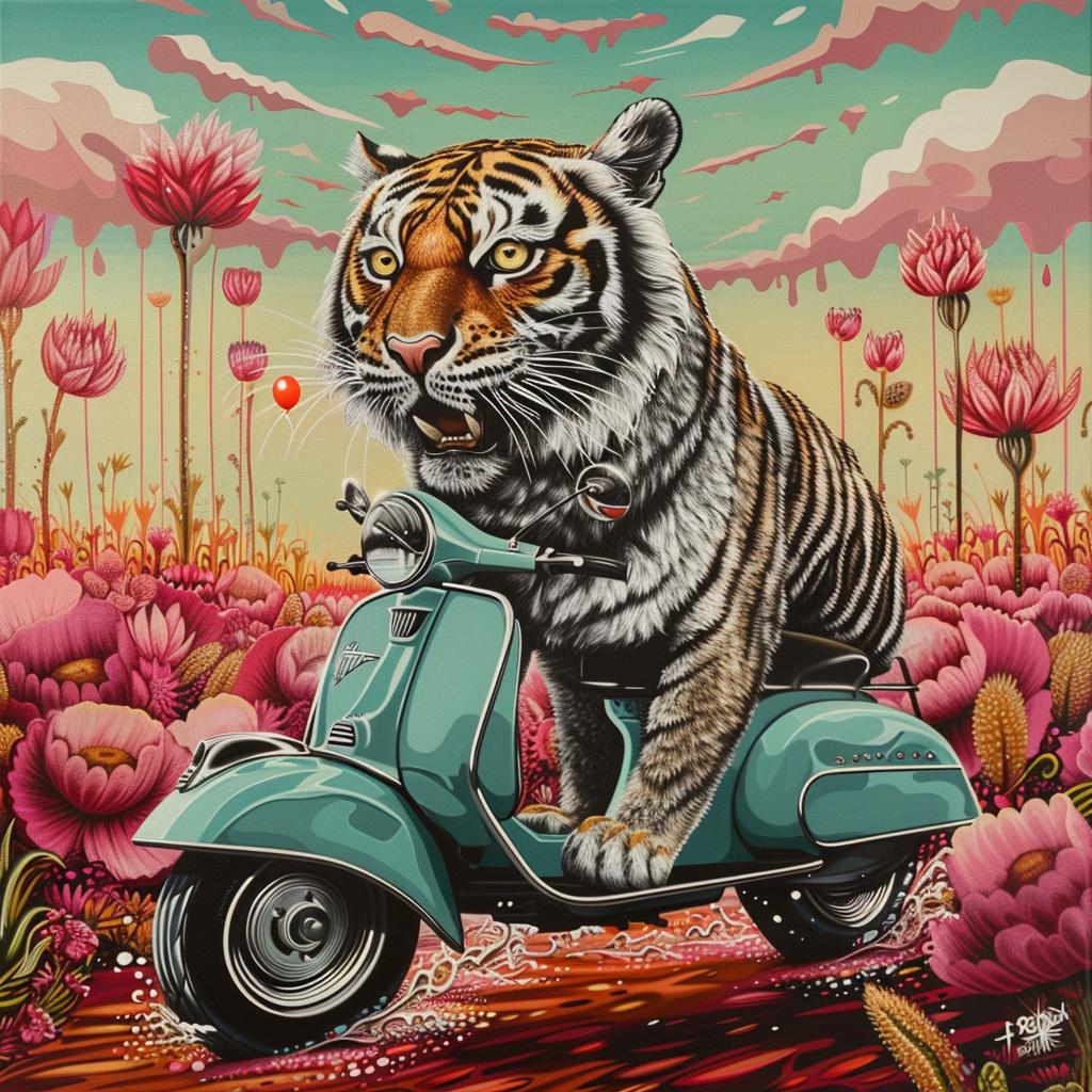 tiger  moped  scooter  flowers  whimsical  art  colorful  cartoon  illustration  fun 1028522