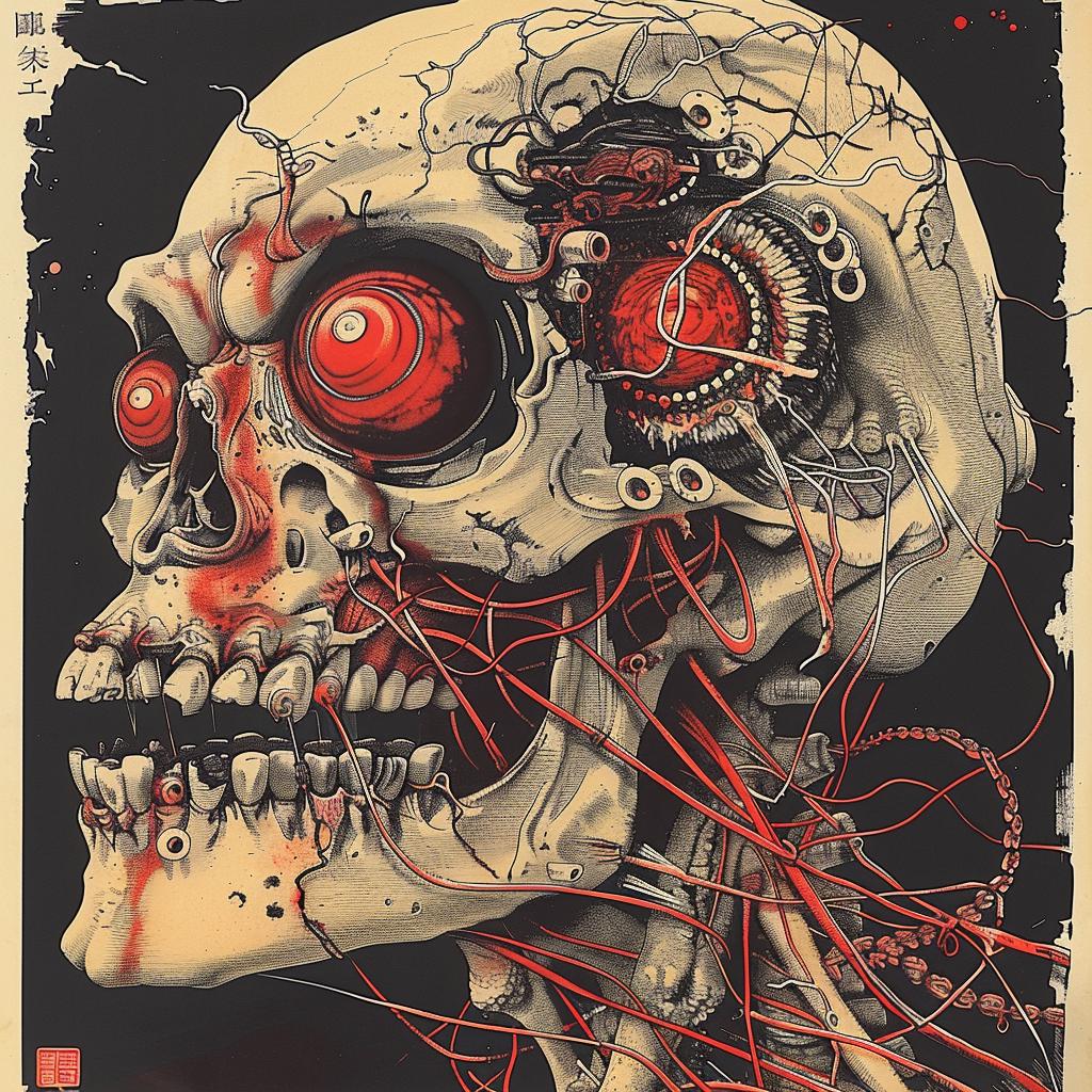chromolithography  horror  Japanese  monster  skull  mechanical  red  eyes  1997  art 1036087