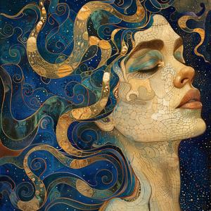 woman  longHair  starry  background  ArtNouveau  Surrealism  pointillism  gold  indigo  teal 1077198